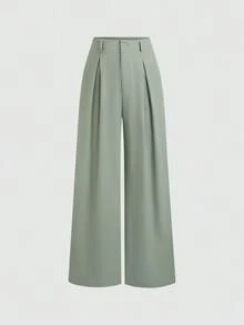 Pantalones anchos de mujer vintage elegantes con textura y plisados, para otoño/invierno - Verde - Ver 6