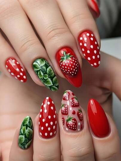 24Pcs Cute Strawberry Press On Nails Medium Coffin Fake Nails With Pearl Rhinestone Stick On Nails Full Cover Pink French Tip Acrylic Nails Reusable False Nail Tips For Women Nail Design