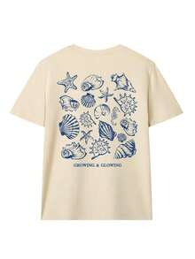 Nueva Camiseta de Verano para Mujer, Estampado Simple de Cangrejo, Concha, Estrella de Mar, Camarón y Delfín, Cuello Redondo, Manga Corta, Color Beige, Moderna y Versátil, Adecuada para Uso Casual Diario y Vacaciones de Primavera. - Multicolor - Ver 3