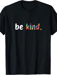 Autism Awareness Shirt With Colorful Puzzle Pieces "Be Kind", Small Size, Breathable And Comfortable - Black 9 - View 1