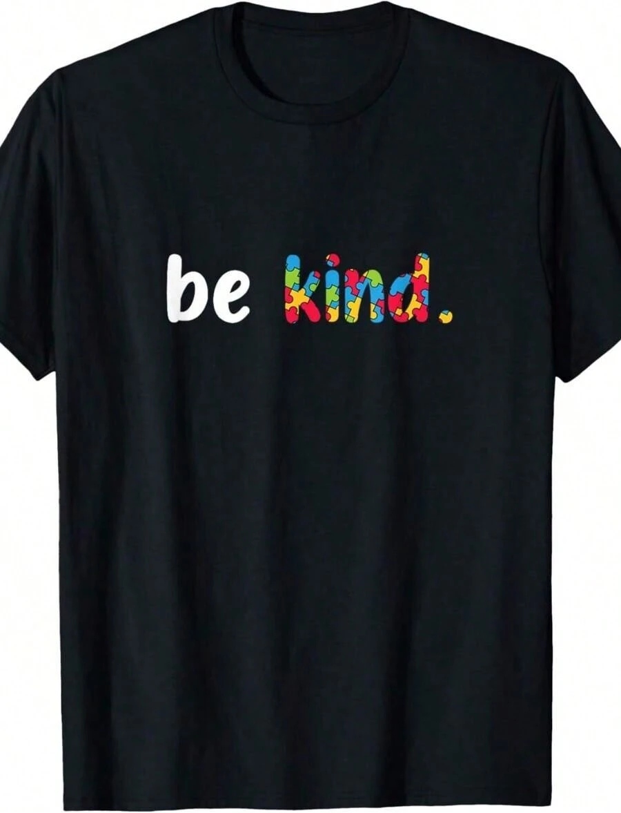 Autism Awareness Shirt With Colorful Puzzle Pieces "Be Kind", Small Size, Breathable And Comfortable - Black 9 - View 1