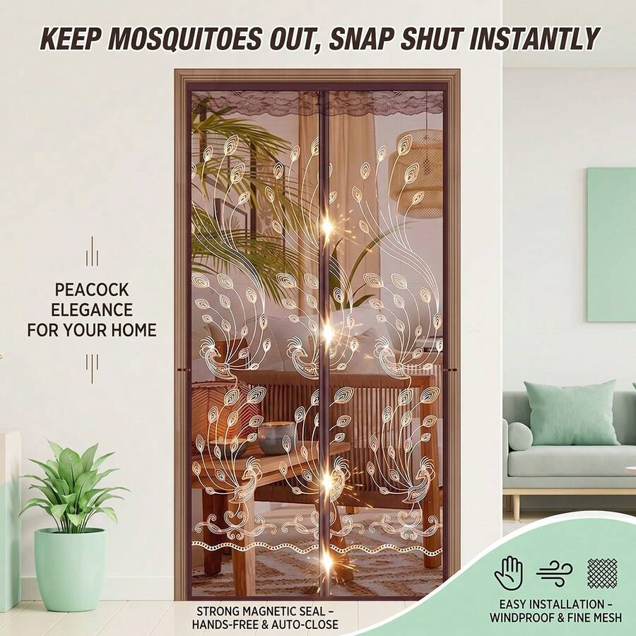 Magnetic Screen Door, Magnetic Closure Mosquito Net Door, Self-Closing Mosquito Net Curtain, Peacock Embroidered Breathable Mesh Curtain, No Drilling Installation, Durable And Easy To Maintain, With Wider Hook And Loop And Nails - Multicolor - View 1