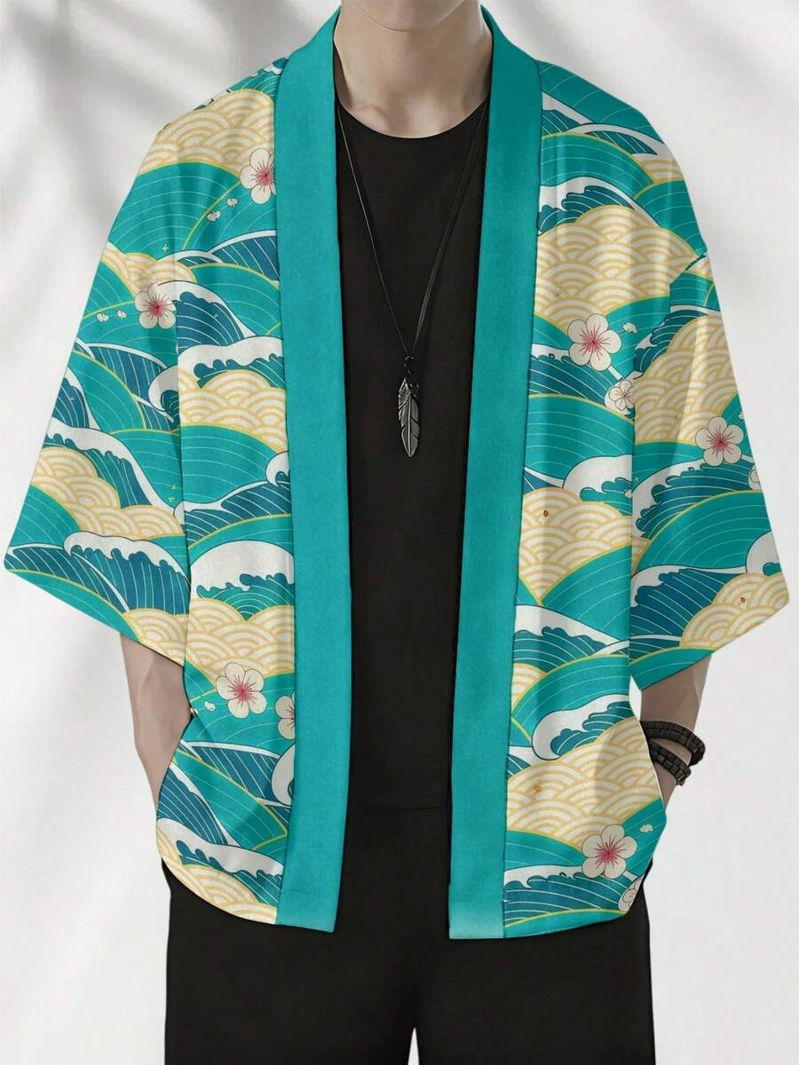Ocean Waves And Blooming Sakura Flowers Symbolize Harmony And Renewal Of Life 3D Printed Casual Open Front Kimono For Men Summer Lightweight Cardigan Top - 白色 - 查看 1