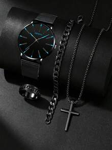 4pcs Men's Casual Business Watch And Cross Pendant Necklace, Bracelet And Ring Set, Sport - Black - View 2