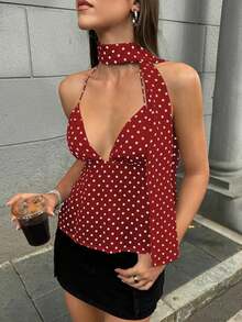 1 pieza Camiseta de tirantes elegante de verano para mujer con estampado de lunares, adecuada para citas y blusas gráficas para mujer - Burdeos - Ver 1