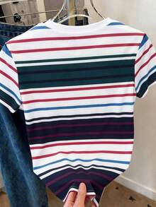 Camiseta de mujer de manga corta con cuello redondo y rayas, casual de verano - Multicolor 4 - Ver 2