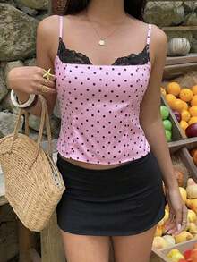 Camiseta ajustada con cuello de encaje negro, estampado de lunares blanco y negro para mujer - Rosa - Ver 6