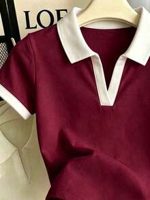 Camiseta de mujer de manga corta ajustada con cuello polo de unicolor - Multicolor 3 - Ver 3