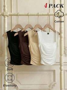 Conjunto de 4 piezas de top de tirantes ajustado y fruncido de cuello cuadrado de varios colores para mujer.Top corto sin mangas en negro, burdeos, marrón y blanco.Elegante y romántico para vacaciones, fiestas, ceremonias, playa, salidas casua - Multicolor 5 - Ver 2