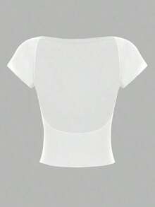 4 piezas Camisetas de mujer de unicolor casual, de cuello redondo, ajustadas y con espalda calada, adecuadas para el verano - Multicolor 3 - Ver 7