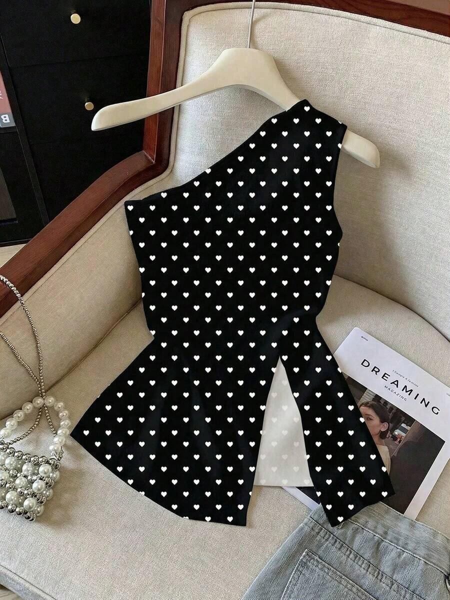 Blusa casual de vacaciones para mujer con estampado de lunares, sin mangas y con bajo dividido - Multicolor 2 - Ver 1