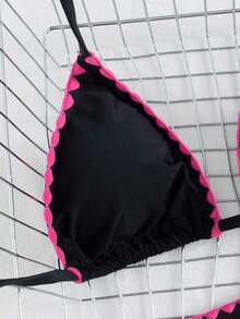 Bikini de mujer de unicolor con escote halter y lazos, estilo sexy, minimalista y elegante para playa, vacaciones, viajes y fiestas, nueva colección primavera/verano - Rosa negra capullo rojo - Ver 5