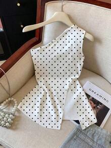 Blusa casual de vacaciones para mujer con estampado de lunares, sin mangas y con bajo dividido - Multicolor 7 - Ver 1