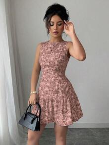 Vestido mini elegante de estilo bohemio con estampado floral, sin mangas y cintura ceñida para mujeres, conjunto de verano con acabado tejido al estilo francés para graduaciones, primavera/verano - Café integral - Ver 5