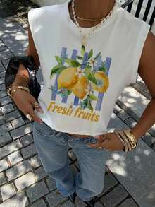 Camiseta de tirantes corta con cuello redondo y estampado de limones, adecuada para el verano - Multicolor 2 - Ver 6