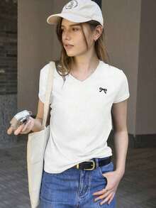 Camiseta de manga corta casual de verano para mujer con estampado de lazo - Blanco - Ver 6