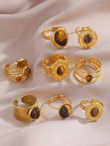 1pc 18K Gold Plated Stainless Steel Vintage Luxury Elegant Tiger Eye & Pearl Ring, Women's Fashion Accessory Suitable For Daily Wear, Parties, Gatherings, Festivals, Also As A Gift - Gold - View 2