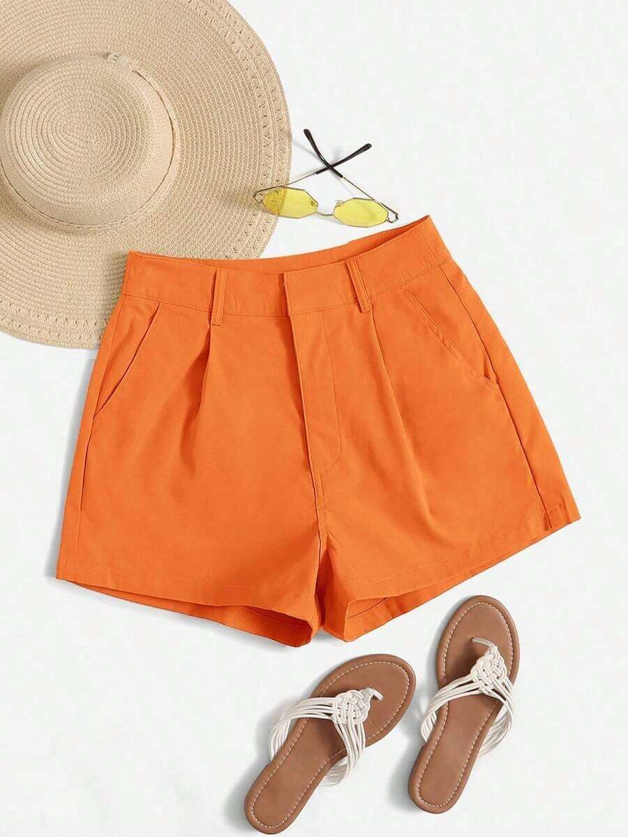 Shorts diarios tejidos de unicolor para mujer, sencillos - Naranja - Ver 1