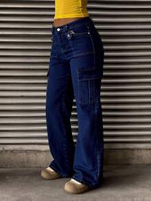 Jeans rectos con bolsillos múltiples efecto levantador de glúteos - Azul profundo - Ver 3