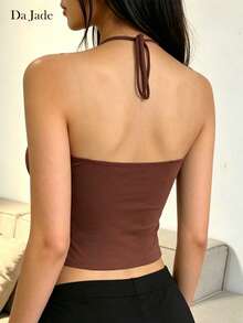 女士性感休闲棕色网纱吊带环扣背心，无袖修身短款上衣，适合海滩、度假、情人节派对、夜店、日常穿着 - 棕色 - 查看 2