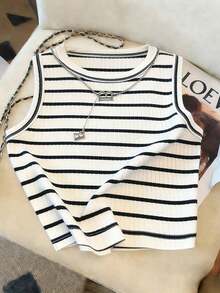 Camiseta de tirantes casual y versátil con cuello redondo y rayas para mujer - Multicolor 4 - Ver 4