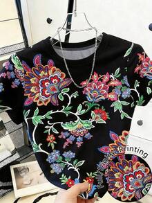 Camiseta de manga corta de verano con cuello redondo, estampado de cereza y rayas, de estilo casual para mujer - Multicolor 9 - Ver 5
