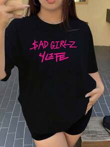 Plus Size - Plus Size - Plus Size, Women's Black Graphic Tee - 'Sad For Life' Graphic Tee With Pink Lettering, Women's Casual Stretch Crew Neck Tee, Versatile Clothing For All Occasions And Formal Events, Modern Design, Comfortable Fit, Printed Tee, Y2k T-Shirt For Fashion Lovers - 黑色 - View 1