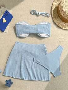 Conjunto de 3 piezas bikini bandeau con textura y adorno de estrella de mar para mujer, perfecto para el verano - Azul - Ver 2