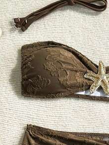 Conjunto de 3 piezas bikini bandeau con textura y adorno de estrella de mar para mujer, perfecto para el verano - Marrón - Ver 4