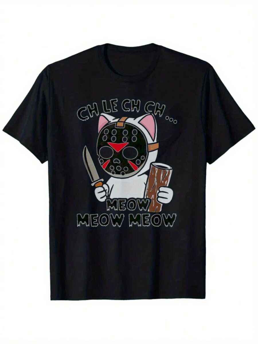 Camiseta Gráfica de Gato de Terror para Mujer - Efecto de Sonido Ch Le Ch Ch, Diseño de Máscara de Hockey y Cuchillo, Blanco y Negro con Detalles Rojos, Jersey 100% Algodón Preencogido, Camiseta Casual de Manga Corta (Tallas S-2XL), Camiseta de Gato Y2k - Negro - Ver 1