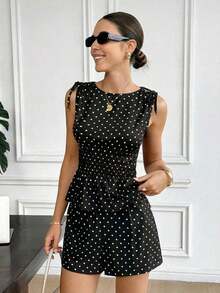 2 piezas Conjunto casual de mujer con blusa con volantes y lunares y shorts - Negro - Ver 7