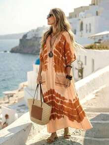 Vestido largo casual de mujer con estampado de teñido anudado, cuello en V verde, kimono de manga corta, bajo asimétrico, vestido de verano tipo kaftan para mujer, atuendo de playa, estilo mediterráneo, ropa bohemia - Caqui - Ver 3