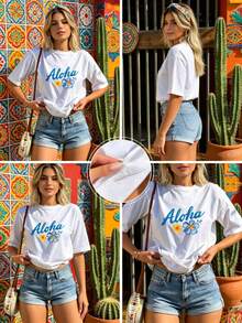 Camiseta blanca de manga corta y cuello redondo para mujer - Estampado de hibiscos estilo hawaiano con la palabra "Aloha" - Prenda versátil ideal para vacaciones Camiseta básica de algodón puro - Estampado floral tropical con "Aloha" - Camiseta casual y moderna para vacaciones - Blanco - Ver 3