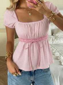 Conjunto de verano con blusa de cuello cuadrado, mangas abullonadas y lazo delantero - Multicolor 2 - Ver 1