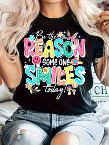 Camiseta Casual de Talla Grande para Mujer con la Frase "Sé la Razón por la que Alguien Sonríe Hoy!"Estampado Geométrico Colorido - Camiseta de Manga Corta con Cuello Redondo, Suave y Elástica para Primavera/Verano, Lavable a Máquina, Ajuste Cómodo, Ropa Casual, Camiseta con Diseño Divertido, Camiseta de Tela Elástica - Negro - Ver 8