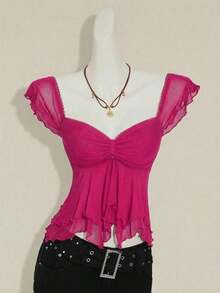 Top sin mangas con volantes, escote con pliegues, ajuste ceñido, parches de malla sexy, espalda con lazo, top casual de vacaciones - Rosa Fucsia - Ver 5