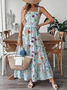 Vestido deslizante casual y elegante con diseño de cintura elástica, lazo de moño y estampado floral para vacaciones y uso diario de mujer - Azul - Ver 5