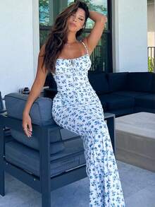 Popular Style Of Women's Long Dress With Small Floral Print - 藍色 - 查看 2