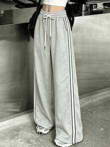 Pantalones largos con cordón y rayas laterales para mujer - Gris - Ver 5
