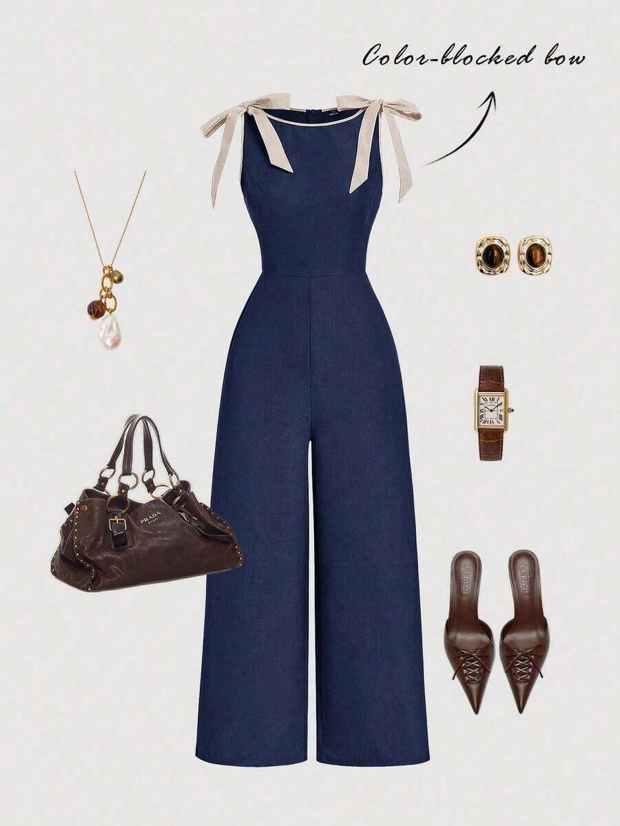 Mono sin mangas de cuello redondo en color caqui con ribetes contrastantes, decoración de lazo, diseño de cintura definida y falda acampanada - Estilo vintage de corte, vibra de dinero antiguo, adecuado para el trabajo, vuelta al colegio, citas, - Azul marino - Ver 1