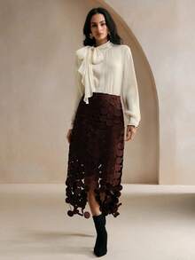 Blusa elegante y chic de cuello alto, manga larga y puños con lazo para uso diario - Albaricoque - Ver 3