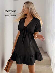 Vestido paraguas con cuello en V, lazo en los hombros, mangas caídas, cintura fruncida, volantes en el bajo, de doble capa con textura de crepé 100% algodón, casual, relajado, elegante, para uso diario, vacaciones, primavera y verano para mujer - Albaricoque - Ver 9