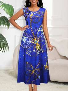 1 Set Women Plus Size Blue Dress With Butterfly Print And Matching Flowy Cardigan, Elegant And Comfortable Summer - Blue - View 3