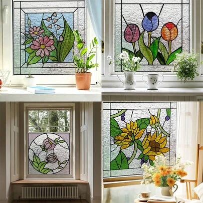 1/5pcs Vintage Flower Pattern Stained Glass Window Film,Sunflower Tulip Design Privacy Protection Frosted Decorative Reusable Static Cling Non Adhesive For Glass Windows Living Room Bathroom DIY Decor