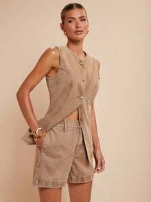 Denim Traje casual de mujer con chaleco vaquero de una hilera y pantalones cortos - Albaricoque - Ver 1