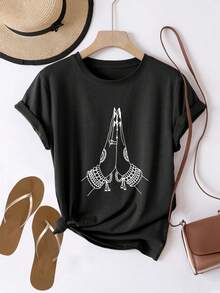 Women's Modern, Casual T-Shirt, Perfect For Parties And Lounging At Home. 100% Cotton, Loose Fit. Short-Sleeved Round-Neck T-Shirt With A Hand Gesture Print. 100% Cotton - 黑色 - 查看 1
