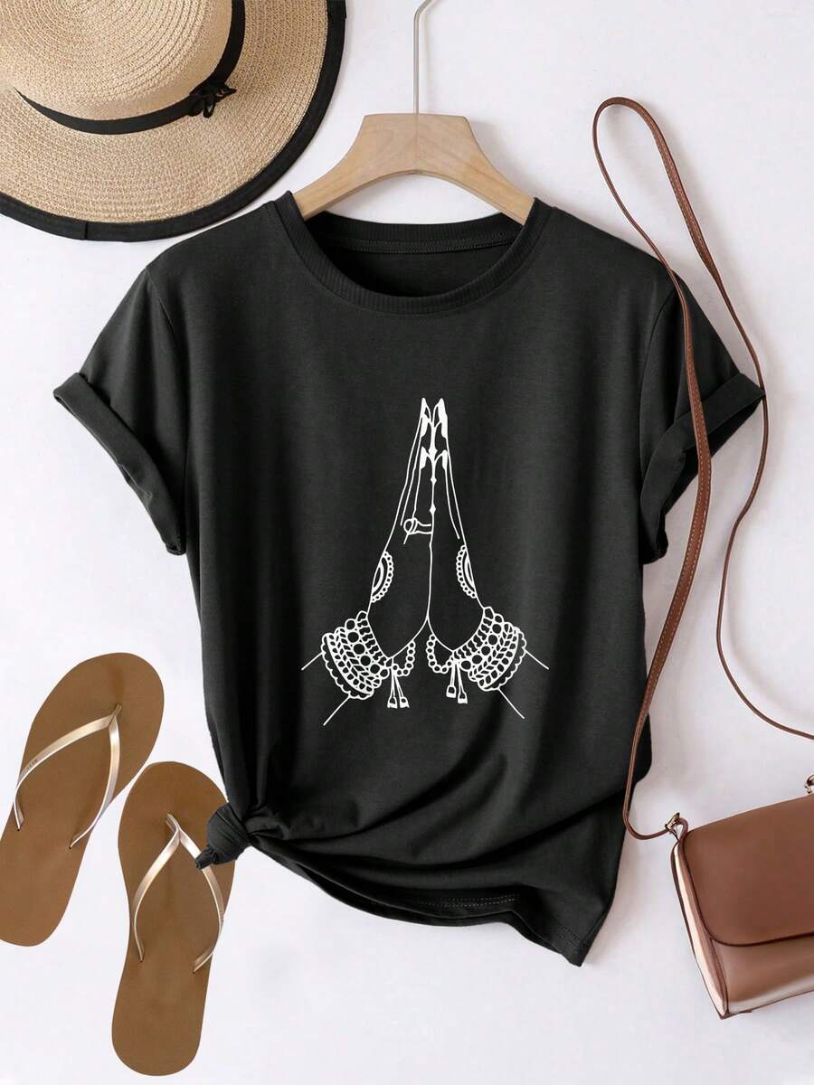 Women's Modern, Casual T-Shirt, Perfect For Parties And Lounging At Home. 100% Cotton, Loose Fit. Short-Sleeved Round-Neck T-Shirt With A Hand Gesture Print. 100% Cotton - 黑色 - 查看 1