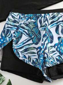 Conjunto de tankini de traje de baño de manga larga con estampado tropical y patchwork para vacaciones de verano en la playa - Multicolor - Ver 5