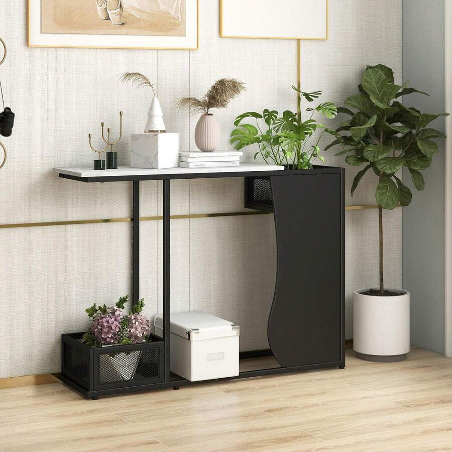 43.5" Console Table, Modern Entryway Table With 2 Storage Baskets And Faux Marble Top, Narrow Sofa Side Accent Table With Metal Frame & Adjustable Foot Pads For Living Room, Hallway, Entryway - Black and White - View 1