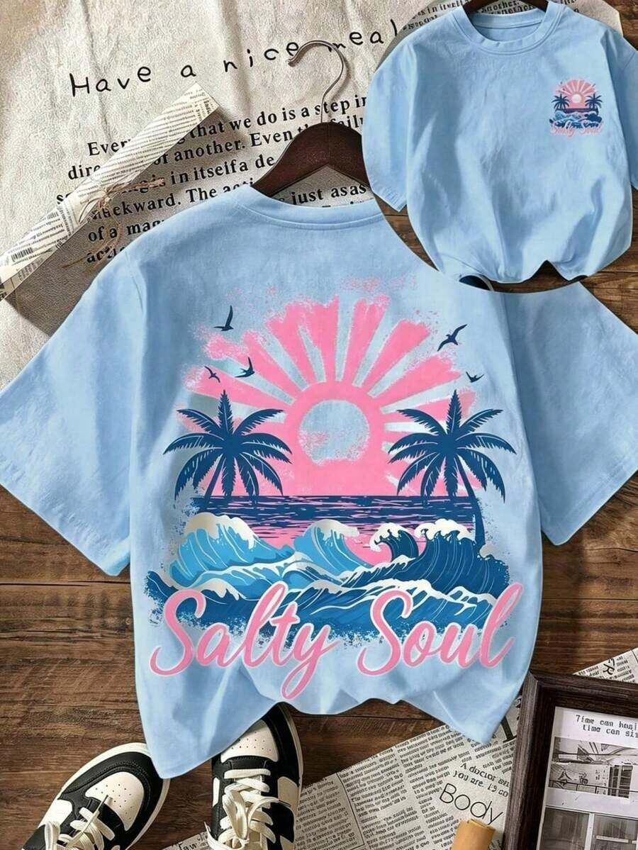 100% Cotton T-Shirt With Salty Soul Sunrise Palm Tree Print, Women's Summer Clothes, Holiday And Beach Outfits, Casual Short Sleeve Crew Neck T-Shirt In Plus Sizes - Unisex Everyday Wear For Women And Men - 藍色 - 查看 1